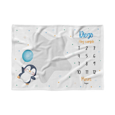 Manta cumple mes de pingüino azul personalizada