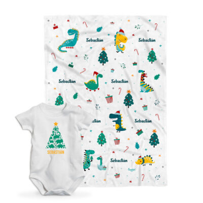 Kit de Navidad para bebé dinosaurios navideños azul personalizado