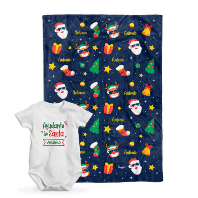 Kit de Navidad para bebé Santa Claus y renos azul personalizado