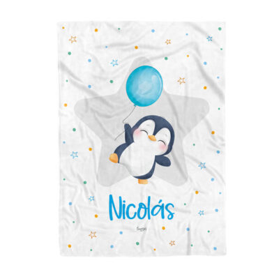 Cobija de pingüino azul personalizada bebe niño