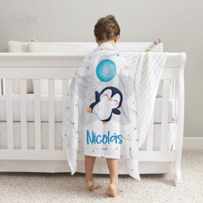 Cobija de pingüino azul personalizada bebe niño