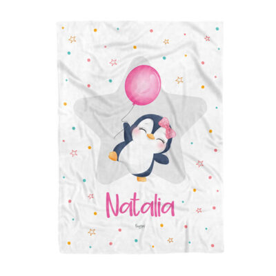 Cobija de pingüino rosa personalizada bebe niña