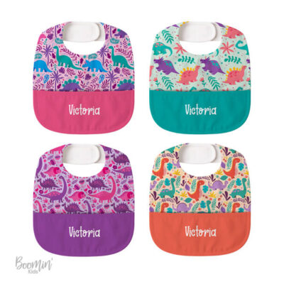 Baberos impermeables de dinosaurios flores personalizados