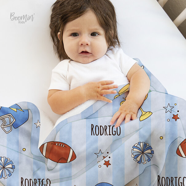 Cobija de fútbol americano azul personalizada bebe niño