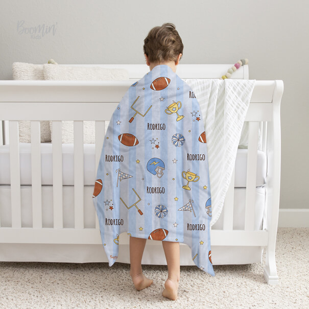 Cobija de fútbol americano azul personalizada bebe niño