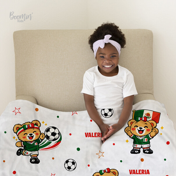 Cobija de fútbol soccer osita México personalizada bebe niña